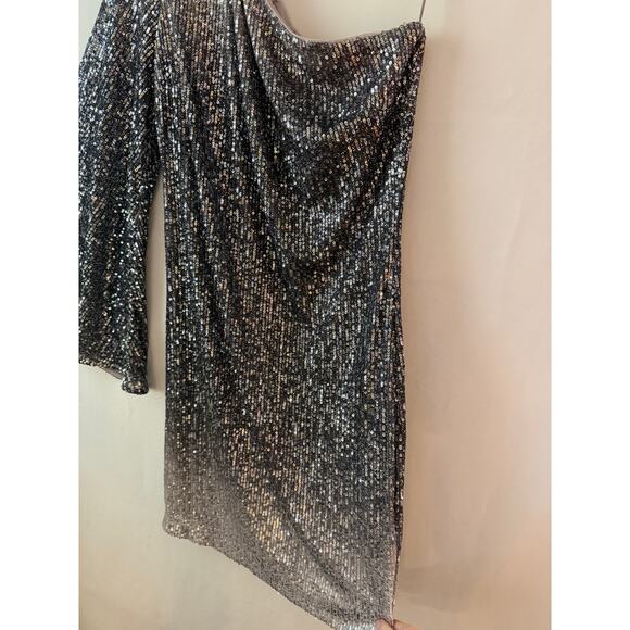 GUESS Sequin One Shoulder Samantha Party Dress Holiday NYE Sparkle Silver L NWT - Picture 4 of 6